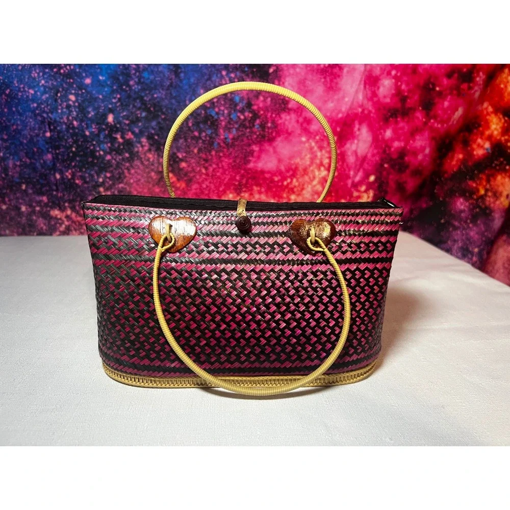 Vintage Laos Handwoven Straw Handbag Pink Black Woven Souvenir Tote Bag